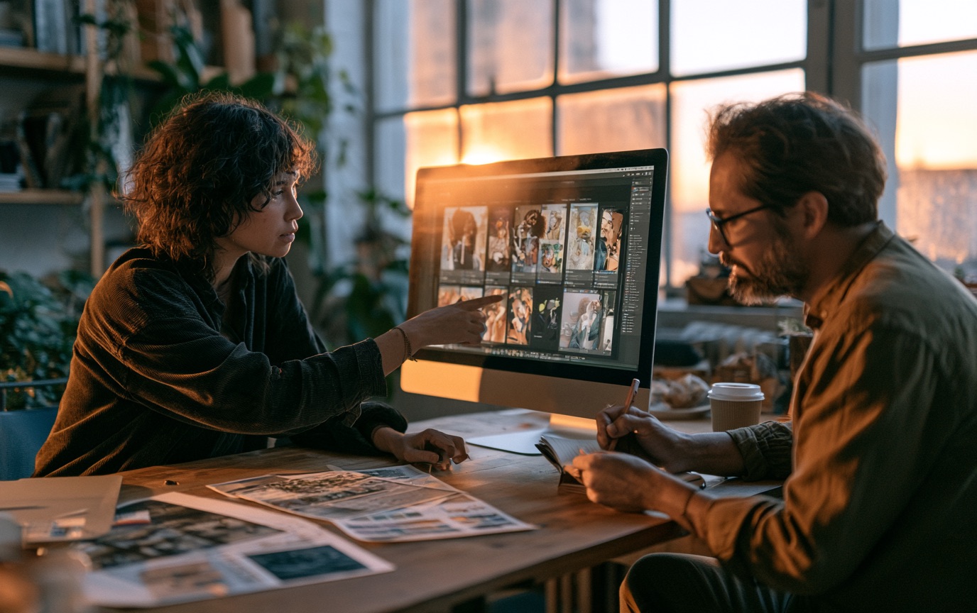Designer e redator revisando uma grade de posts no monitor, numa mesa de agência com luz de fim de tarde